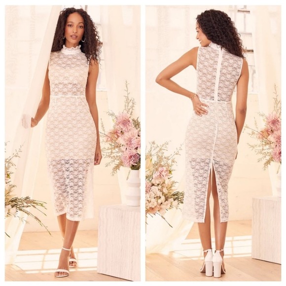 Lulus White Lace Mock Neck Midi Dress White Size L - Picture 6 of 10